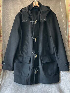 Nautica Men's Wool Blend Full Zip Toggle Coat Quilted Lining Hooded Size L Black
